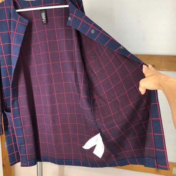 Olsen Navy Blue & Red Simple Plaid Long Cardigan Jacket Sz XL (16) - Picture 9 of 11